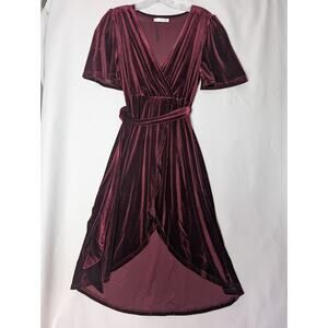 VELVET Wrap Dress Burgundy Wine Red Midi-Short Sleeve, Elegant, size Small 4/6